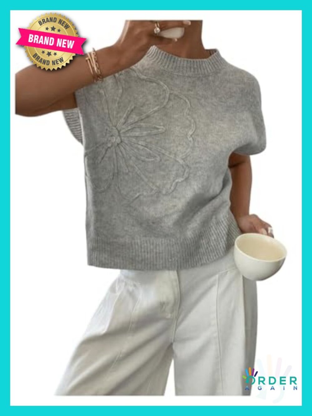 Women's Short Sleeve Knit Sweater 3D Floral Crew Neck Pullover